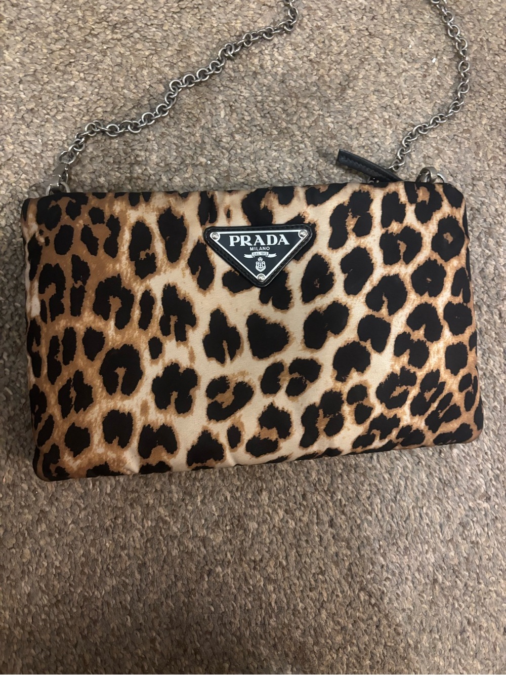 Prada Leopard-Print Chain Crossbody in Black and Tan - Picture 1 of 5